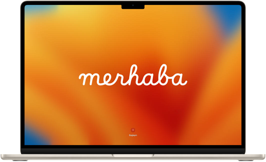 Ekranında “merhaba” sözcüğü bulunan açık bir MacBook Air.