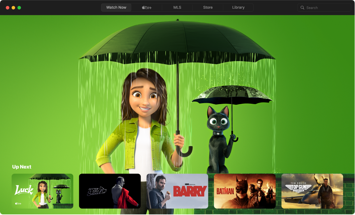 An Apple TV app window showing the Watch Now view.
