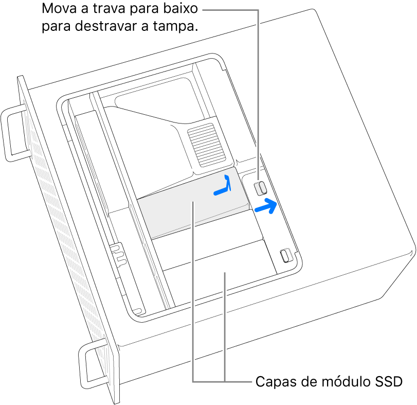 A trava está sendo movida para a direita para desbloquear a capa do SSD.