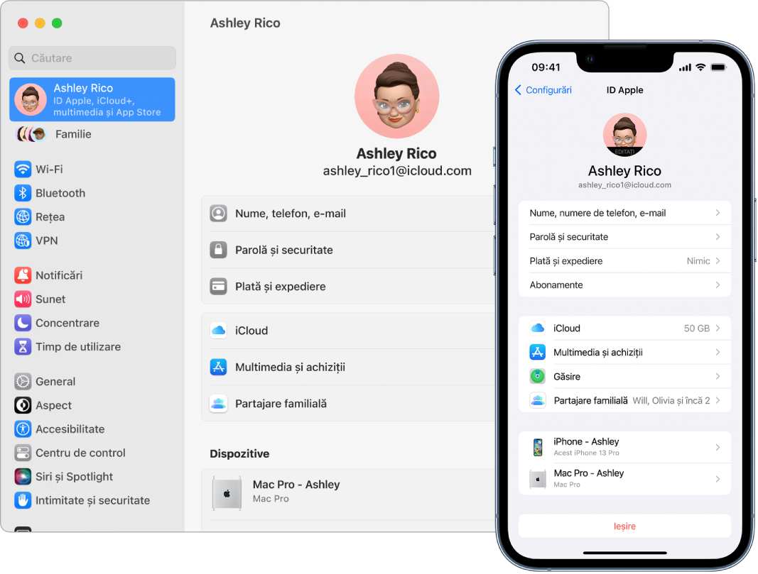 Configurările iCloud pe un iPhone și un Mac.
