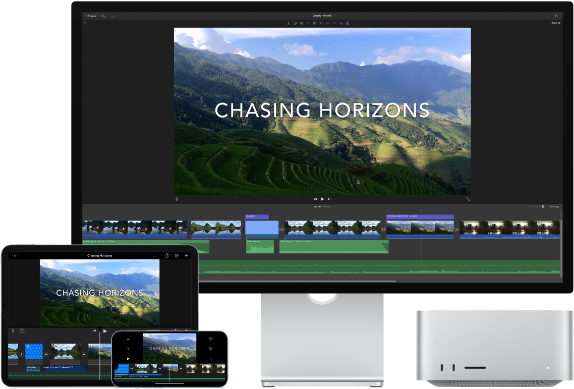 محتوى متطابق يتم عرضه على الـ Mac Studio والـ iPad والـ iPhone.