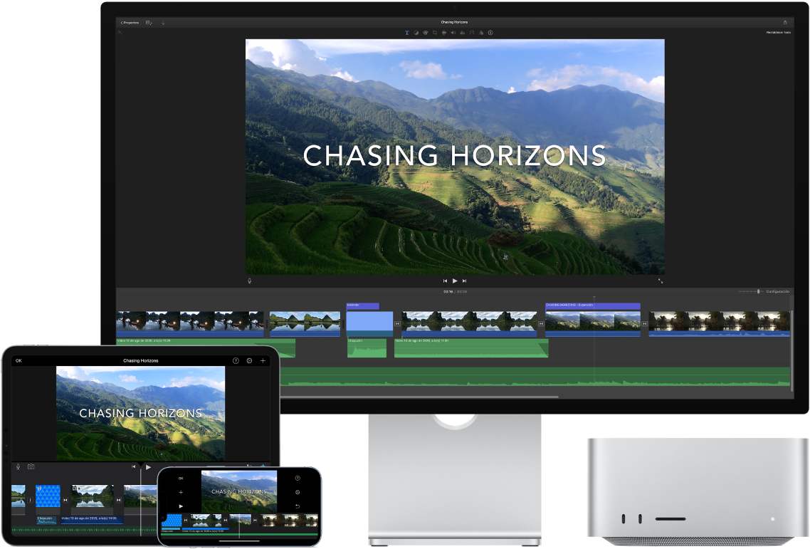 Mac Studio, iPad y iPhone mostrando contenido idéntico.