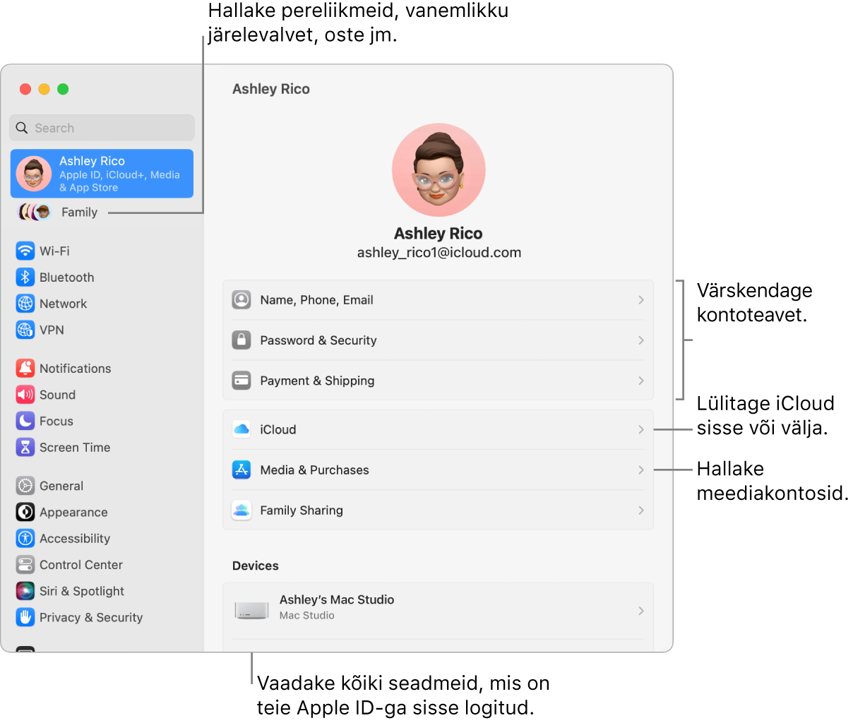 Apple ID seaded jaotises System Settings väljaviikudega kontoinfo värskendamiseks, iCloudi funktsioonide sisse või välja lülitamiseks, meediakontode haldamiseks ning jaotis Family, kust saate hallata pereliikmeid, vanemlikku järelevalvet, oste jm..