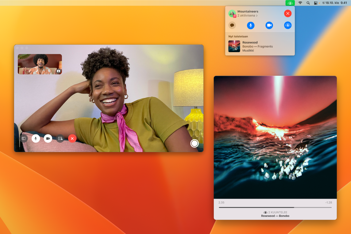 Jaettu kuuntelukokemus, jossa kuuntelijat ovat FaceTime-ikkunassa ja kappaletta toistetaan Musiikki-apin ikkunassa.