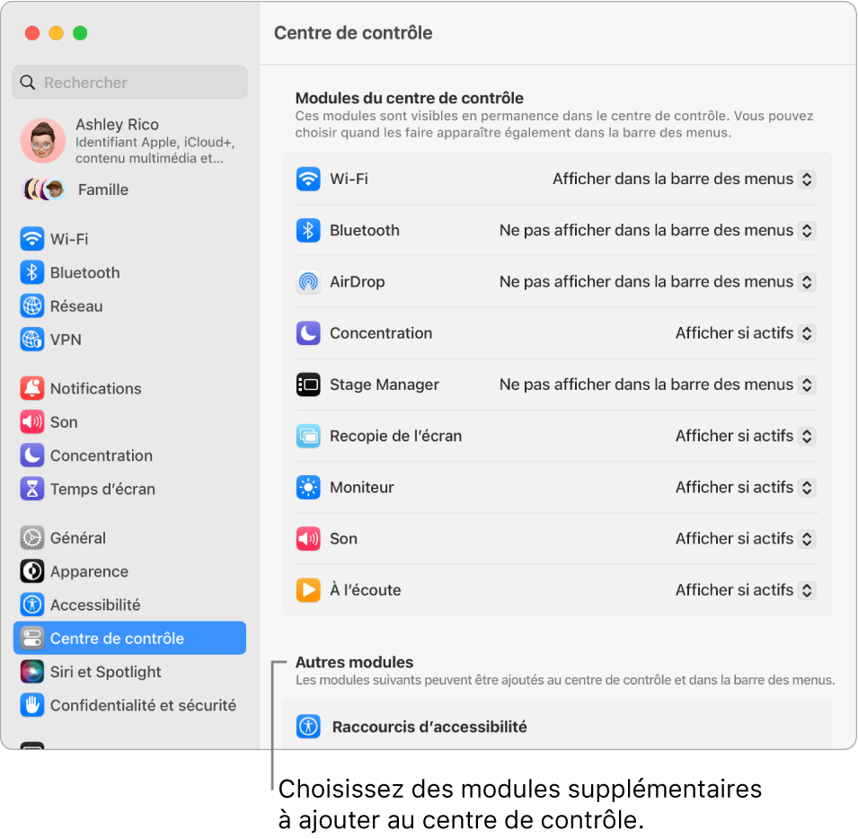 Fenêtre des réglages « Centre de contrôle ».
