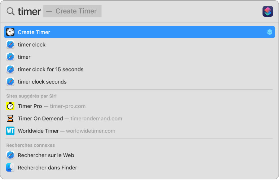 Recherche Spotlight correspondant à « minuteur », affichant les résultats pour utiliser l’action rapide pour « Créer un minuteur ».