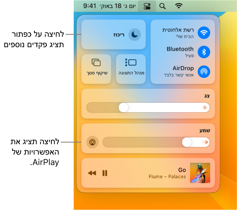 תצוגה מוגדלת של ״מרכז הבקרה״ ב-Mac.