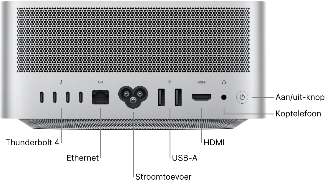 De achterkant van een Mac Studio met vier Thunderbolt 4-poorten (USB-C), een Gigabit ethernetpoort, een poort voor het netsnoer, twee USB-A-poorten, een HDMI-poort, een 3,5-mm koptelefoonaansluiting en de aan/uit-knop.
