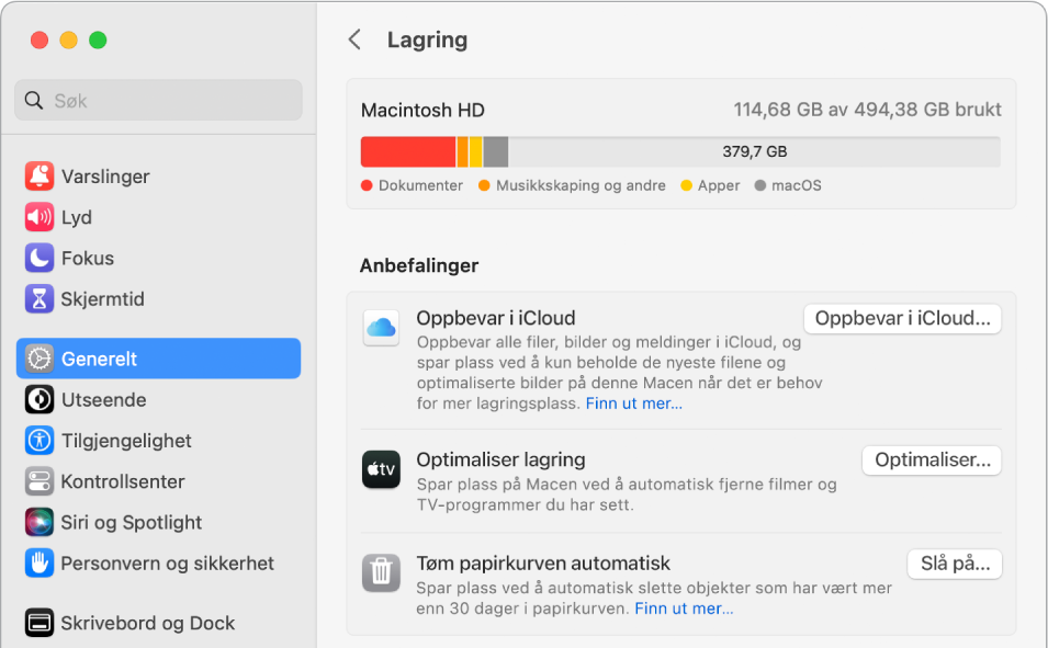 Anbefalinger-innstillingene for lagring som viser valgene Oppbevar i iCloud, Optimaliser lagring og Tøm papirkurven automatisk.