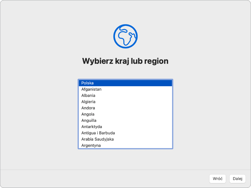 Ekran w Asystencie ustawień pokazujący opcje wyboru kraju lub regionu użytkownika.