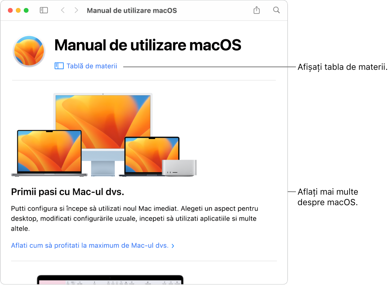 Pagina de bun venit a Manualului de utilizare macOS afișând linkul Tablă de materii.
