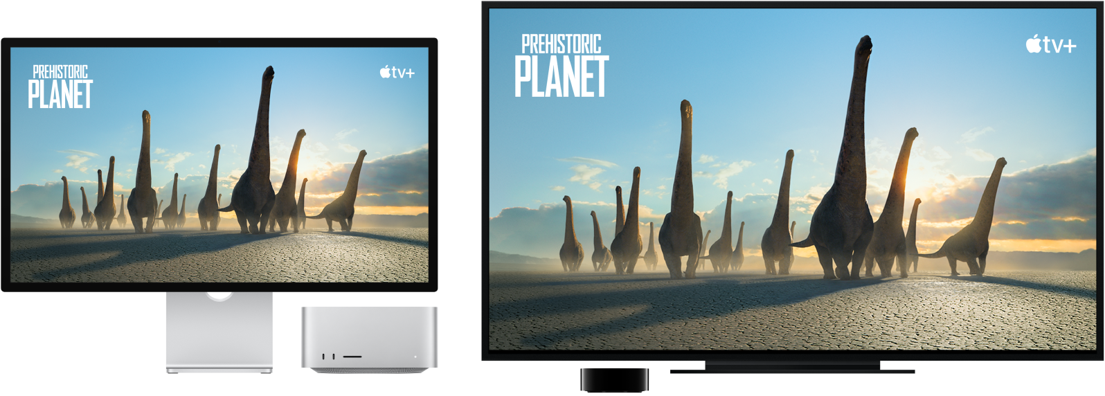 Mac Studio având conținutul oglindit pe un HDTV de mari dimensiuni utilizând un Apple TV.