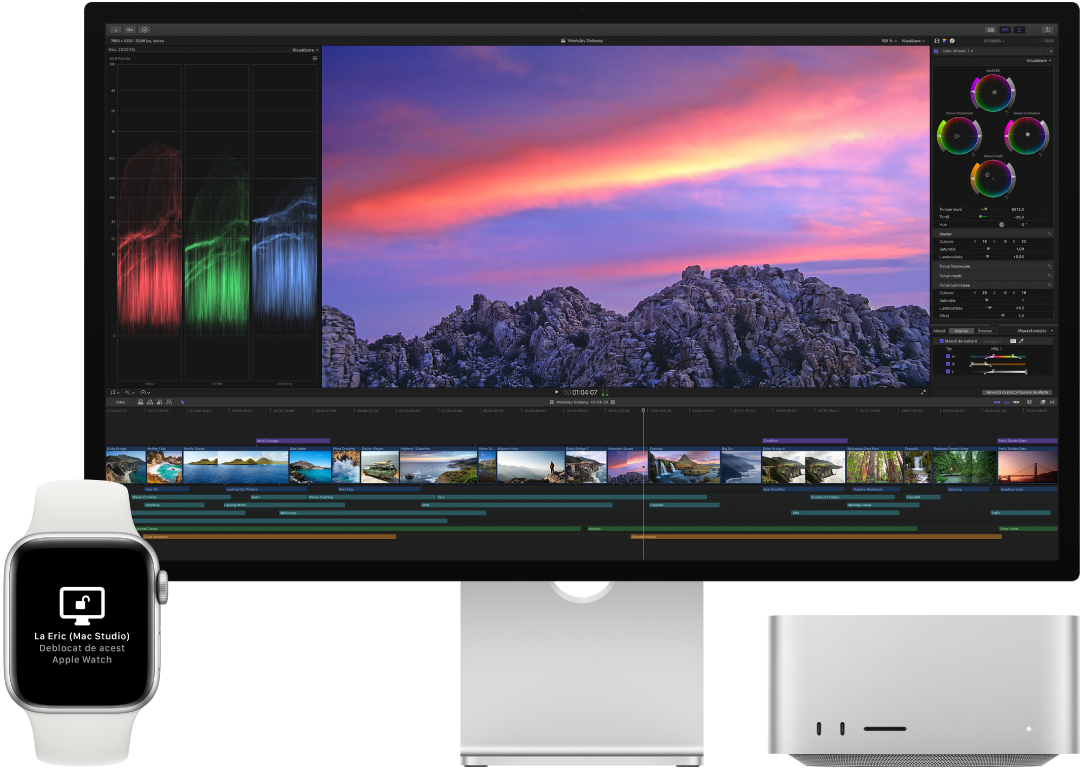 Un Mac Studio lângă un Apple Watch, prezentând mesajul care anunță că Mac-ul a fost deblocat de ceas.