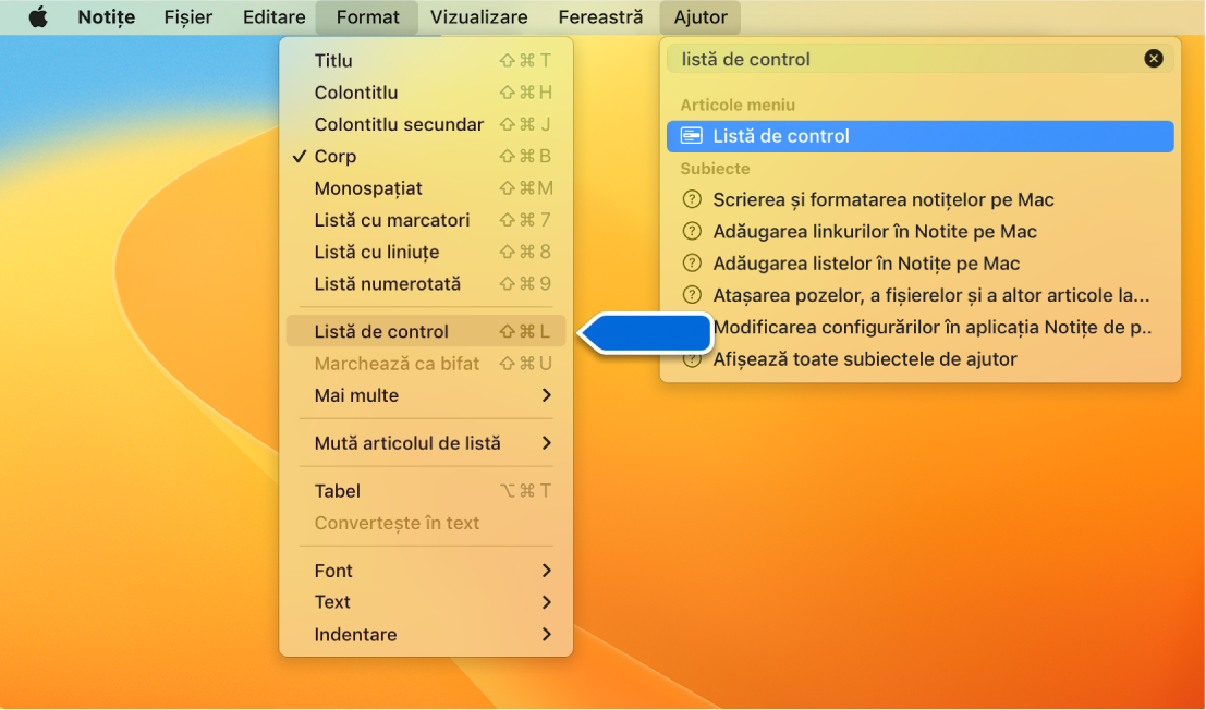 Meniul Ajutor afișând o căutare pentru “listă de control”, având expresia Listă de control evidențiată în meniul Format.