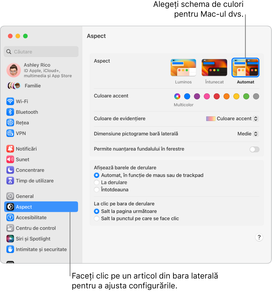 Configurările Aspect din Configurări sistem.