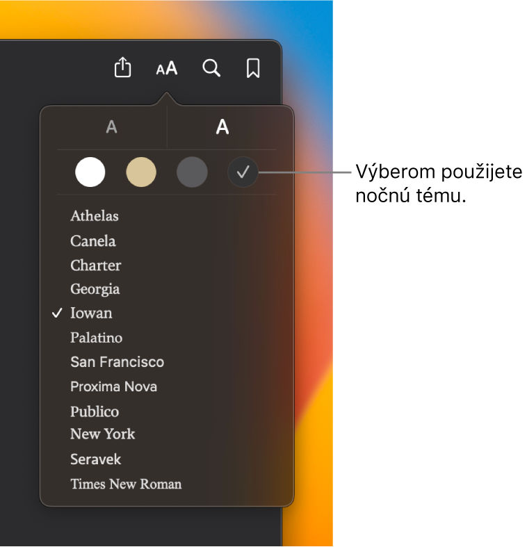 Okno v aplikácii Knihy zobrazujúce menu Vzhľad.