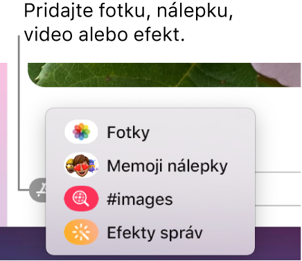Menu Apky s možnosťami zobrazenia fotiek, Memoji nálepiek, GIF obrázkov a efektov správ.