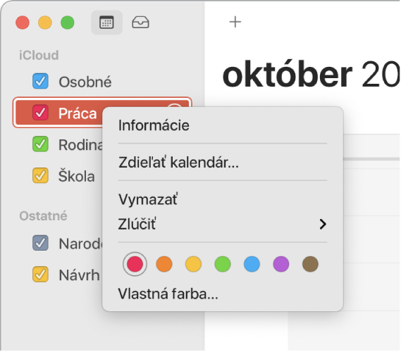 Menu skratiek Kalendára s možnosťami na prispôsobenie farby kalendára.