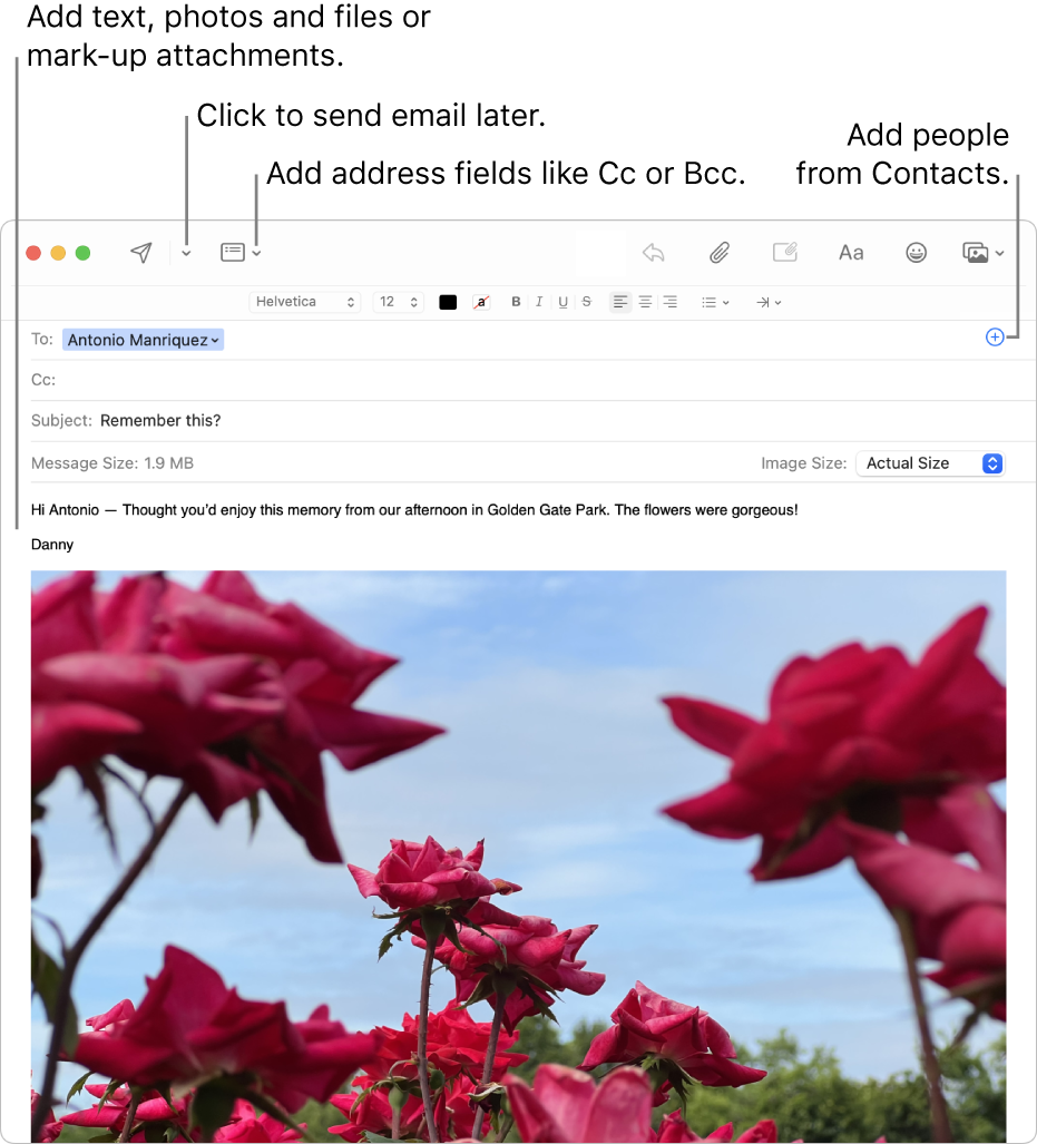 A new message window. In the upper left are the Send button and the Header button. In the upper right is the Add button, which can be used to add people from Contacts. In the message body is a marked up image.