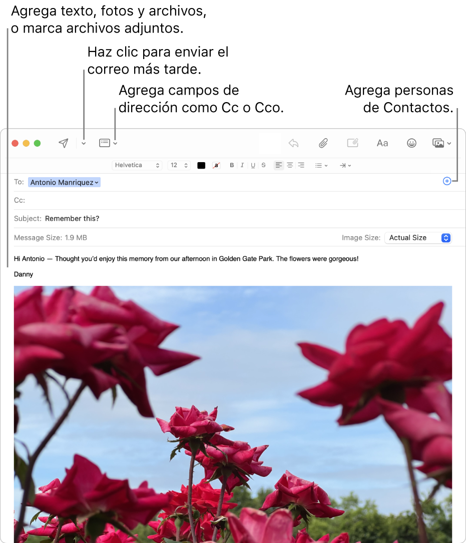La ventana de un mensaje nuevo. En la esquina superior izquierda están los botones Enviar y Encabezado. En la esquina superior derecha está el botón Agregar, que se puede usar para agregar personas de Contactos. En el cuerpo del mensaje hay una imagen con anotaciones.