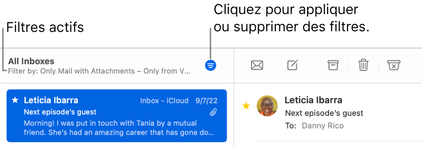 La fenêtre de Mail montrant la barre d’outils au-dessus de la liste des messages, avec les filtres appliqués par Mail, comme « Seulement des VIP ».