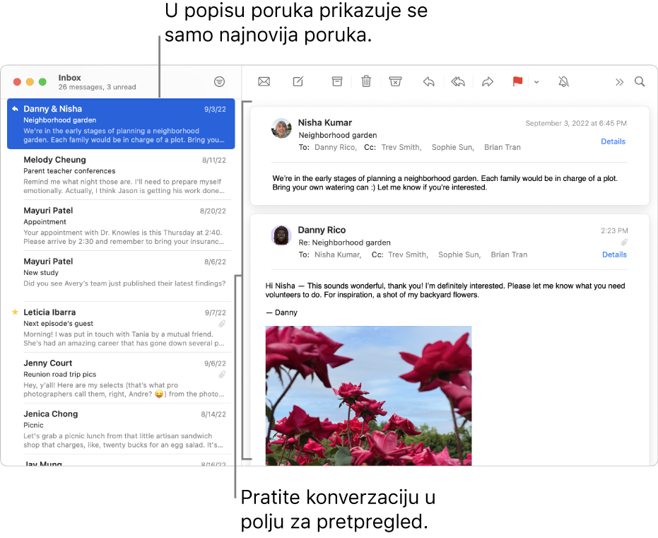 Samo najnovija poruka iz razgovora prikazuje se na popisu poruka. Broj na vrhu poruke označuje koliko je poruka razgovora u trenutnom sandučiću. Pratite razgovor u području pretpregleda.
