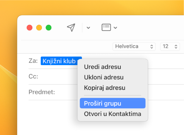 E-mail poruka prikazuje popis u polju Za i skočni izbornik s prikazom naredbe proširi grupu.