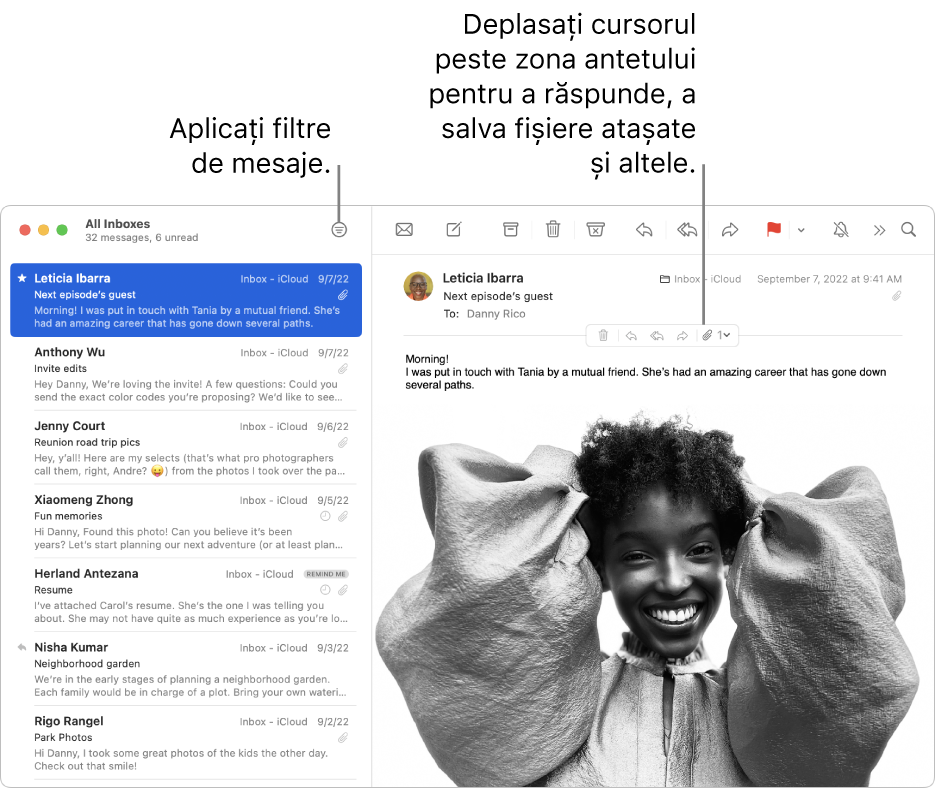 Fereastra Mail. Faceți clic pe butonul Filtru din bara de instrumente pentru a aplica filtre mesajelor. Pentru afișarea butoanelor pentru răspuns, salvarea fișierelor atașate și pentru alte opțiuni, deplasați cursorul deasupra zonei antetului unui mesaj.
