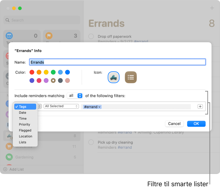 Et infovindue til en speciel smart liste, der viser lokalmenuen med filtre.