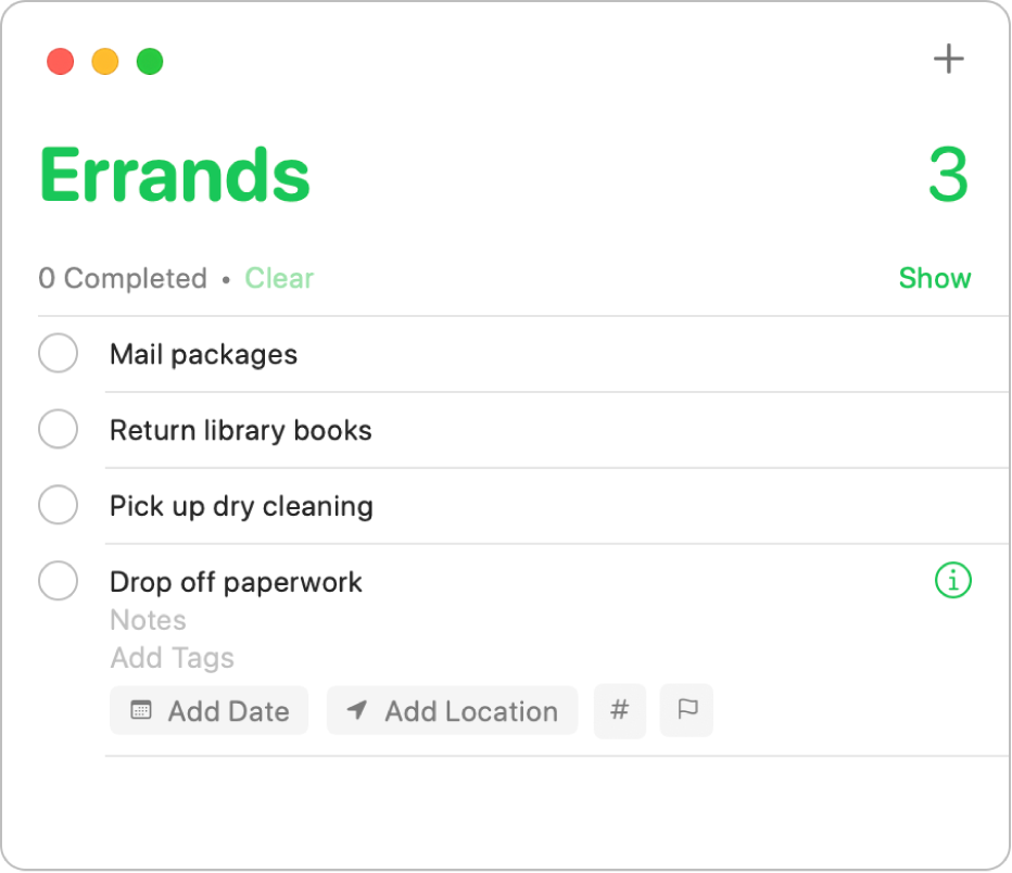 A reminder list showing a selected reminder with fields for entering the date, location and a flag.