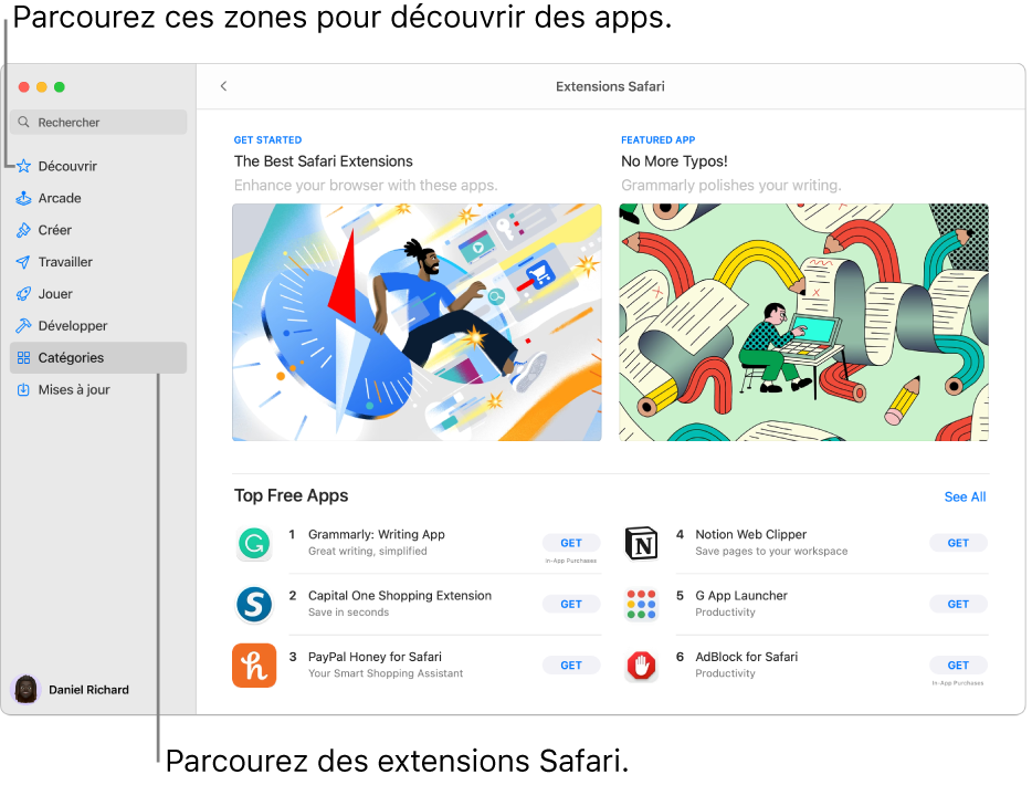 Page principale des extensions Safari du Mac App Store. La barre latérale située à gauche comprend des liens vers d’autres pages : Découvrir, Arcade, Créer, Travailler, Jouer, Développer, Catégories et Mises à jour. À droite se trouvent les extensions Safari disponibles.