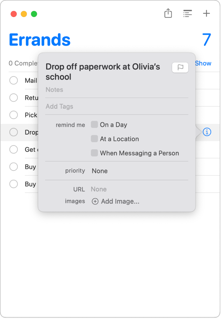 En liste med påmindelser, der viser infovinduet for en påmindelse.
