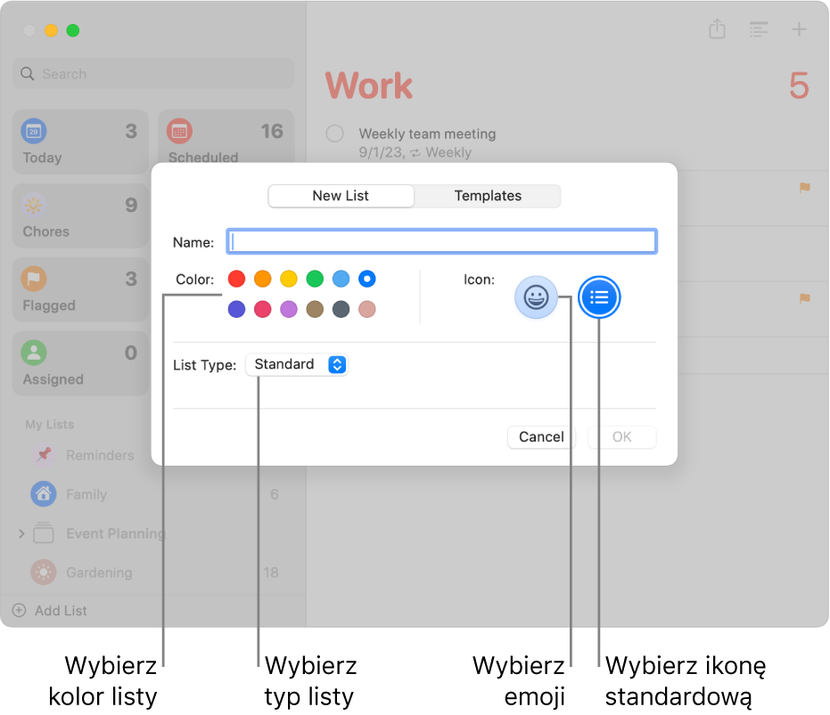 Okno aplikacji Przypomnienia, pokazujące opcje dotyczące nowej listy.