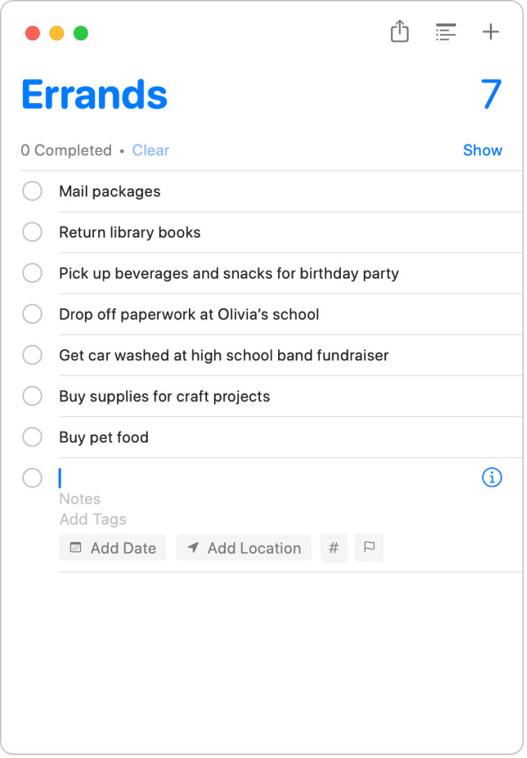 提醒事項列表顯示一個選取的提醒事項,其日期、位置和旗標欄位均已輸入。