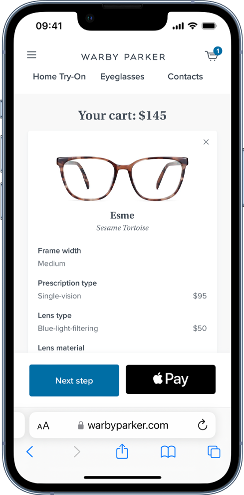 Une page web de produit pour des lunettes de vue avec le bouton Apple Pay en bas à droite.