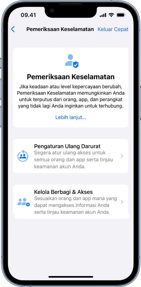 Layar Pemeriksaan Keselamatan menampilkan informasi mengenai fitur dan tombol untuk Pengaturan Ulang Darurat dan Kelola Berbagi & Akses.