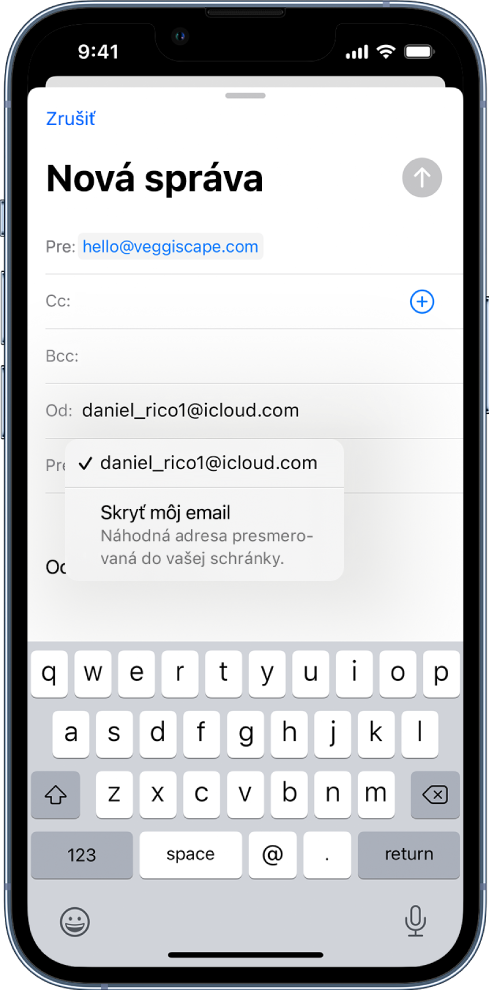Rozpísaný koncept emailu. Pod vybraným poľom Od sa zobrazujú dve možnosti: osobná emailová adresa a možnosť Skryť môj email.