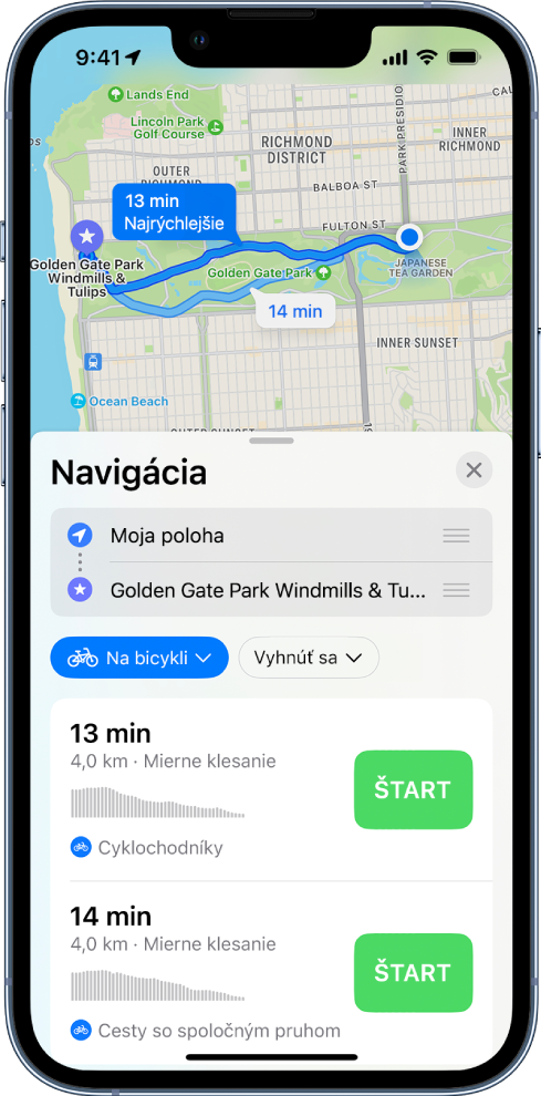 Mapa zobrazujúca dve cyklistické trasy. Na trasy v dolnej časti sú uvedené podrobnosti trás vrátane odhadovaného času cesty, zmien prevýšenia a typov ciest. Vedľa popisu každej trasy sa nachádza tlačidlo Štart.
