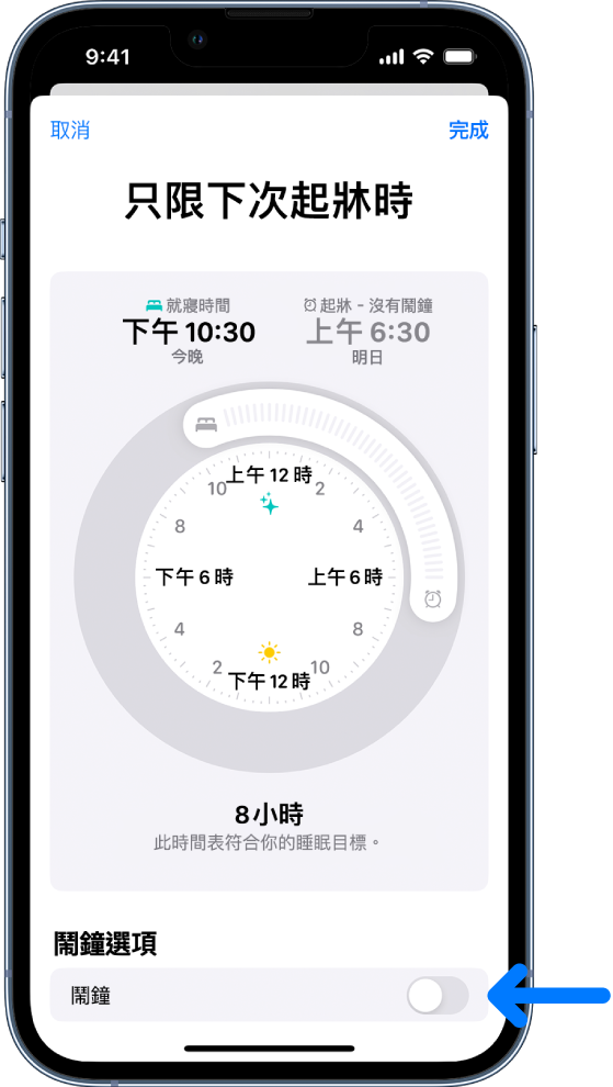 「只限下次起牀時」畫面,其中底部的鬧鐘已關閉。