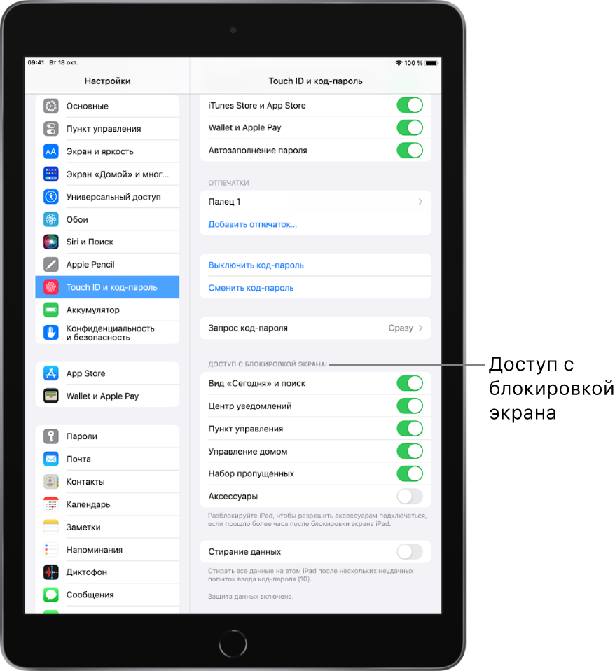 Раздел настроек «Touch ID и код-пароль». Отображаются параметры доступа к определенным функциям на заблокированном iPad.