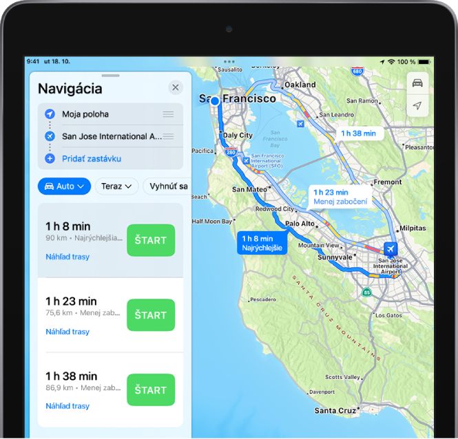 Mapa s niekoľkými trasami pre jazdu autom. Pri každej z nich sa na karte trasy na ľavej strane zobrazuje tlačidlo Štart.