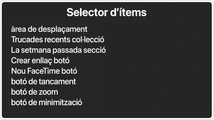 El selector d’ítems és un tauler que mostra una llista d’ítems com ara una àrea de desplaçament i el botó per tancar, entre d’altres.