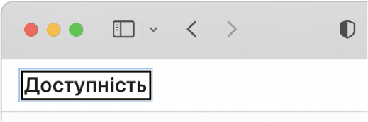 Курсор VoiceOver, — темна прямокутна рамка, — з фокусом на словах «Доступність» на екрані.