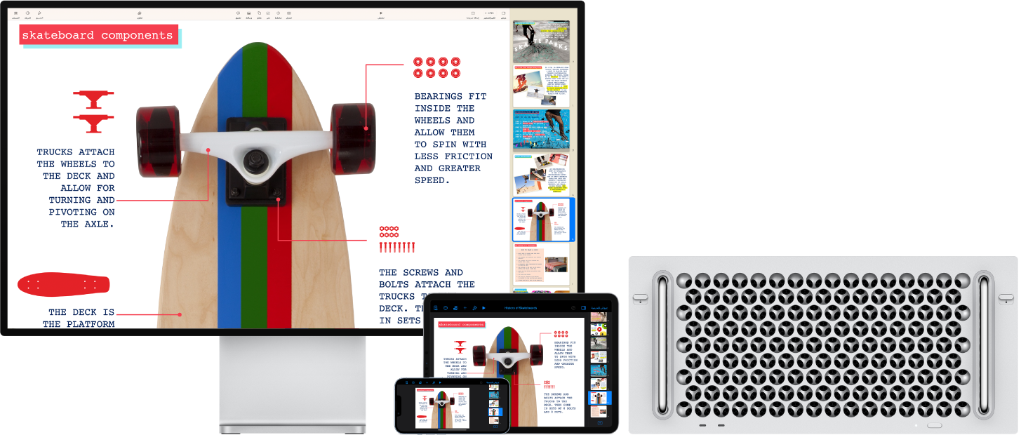 محتوى متماثل معروض على Mac Pro وiPad وiPhone.