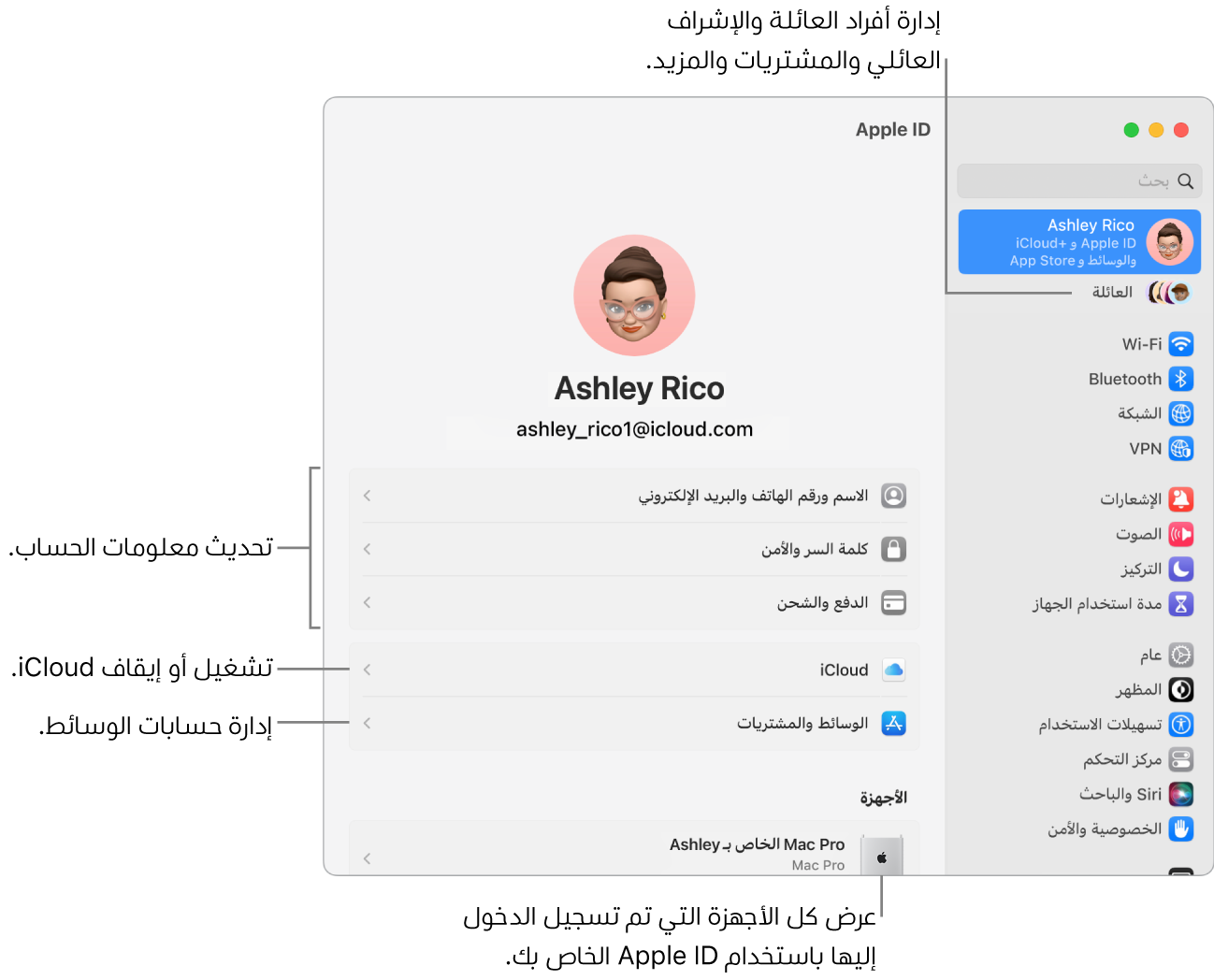 جزء Apple ID في إعدادات النظام ويحتوي على وسائل شرح لتحديث معلومات الحساب، وتشغيل ميزات iCloud أو إيقافها، وإدارة حسابات الوسائط، والعائلة، حيث يمكنك إدارة أفراد العائلة والإشراف العائلي والمشتريات والمزيد.