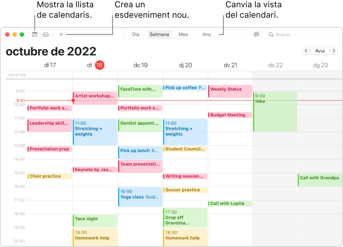 Una finestra de l’app Calendari on es mostra la llista de calendaris, com crear un esdeveniment, com mostrar la llista de calendaris i com seleccionar la vista Dia, Setmana, Mes o Any.