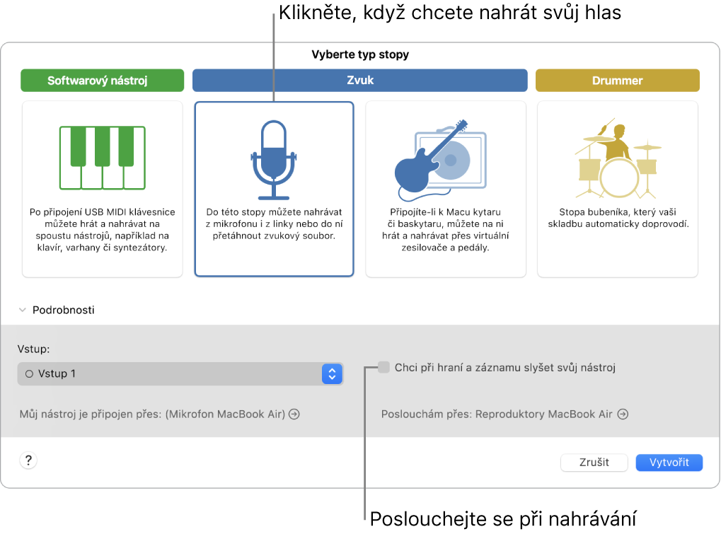 Panel nástrojů GarageBandu s popisky ukazujícími, kam je třeba kliknout, chcete‑li nahrávat hlas nebo zapnout odposlech při nahrávání