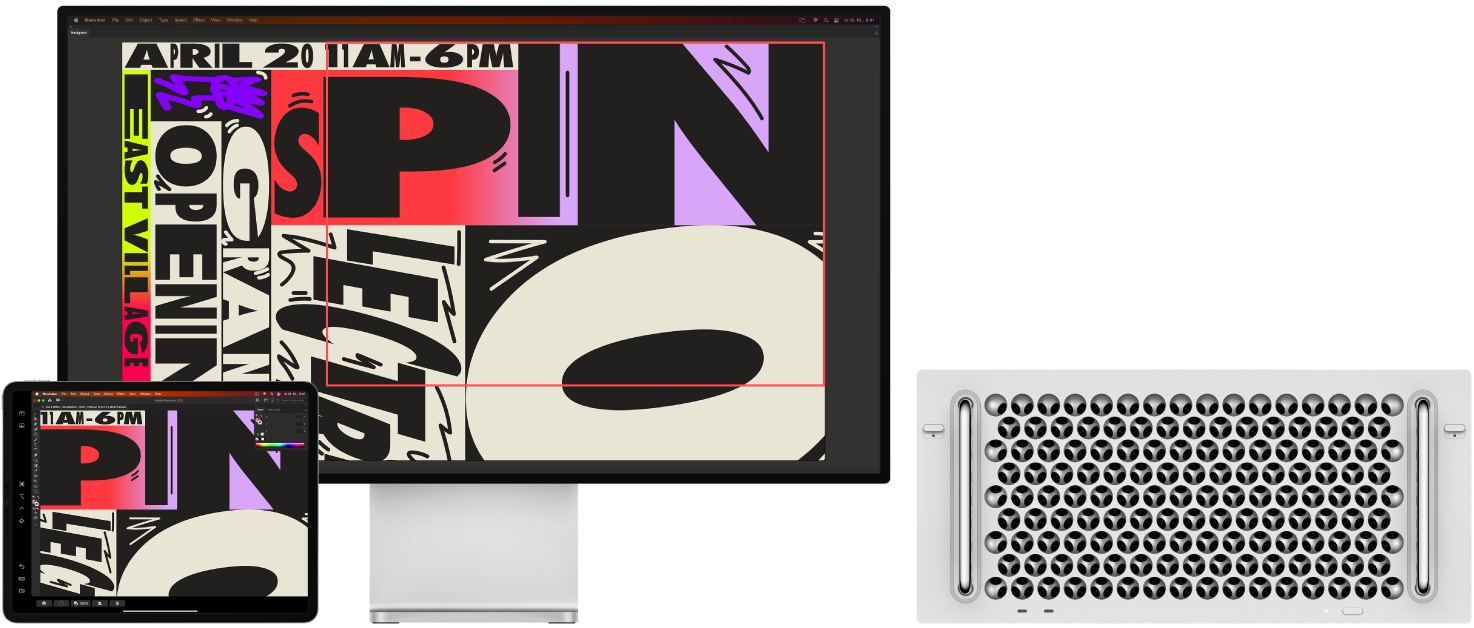 Mac Pro a iPad vedle sebe. Na Macu Pro se zobrazuje kresba v navigačním okně aplikace Illustrator. Na iPadu je tatáž kresba otevřená v dokumentovém okně Illustratoru a okolo jsou rozložené panely nástrojů.