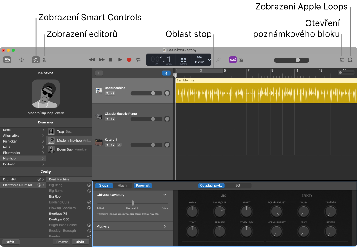 Okno GarageBandu s popisky tlačítek pro přístup k ovládacím prvkům Smart Controls, editorům, poznámkám a smyčkám Apple Loops. Jsou zde také vidět jednotlivé stopy skladby