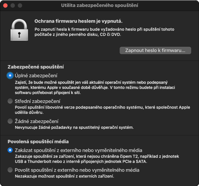 Otevřené okno Utility zabezpečeného spouštění se zaškrtnutými volbami zabezpečeného spouštění a externího spouštění